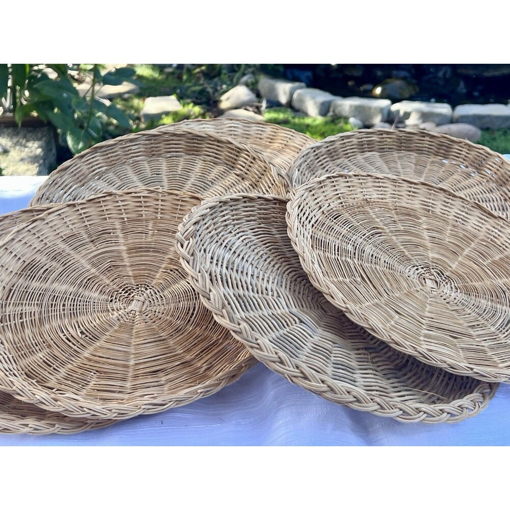 Vtg 6 Natural Rattan Wicker Plate Holders Tray Hand Woven Boho Camping Picnic